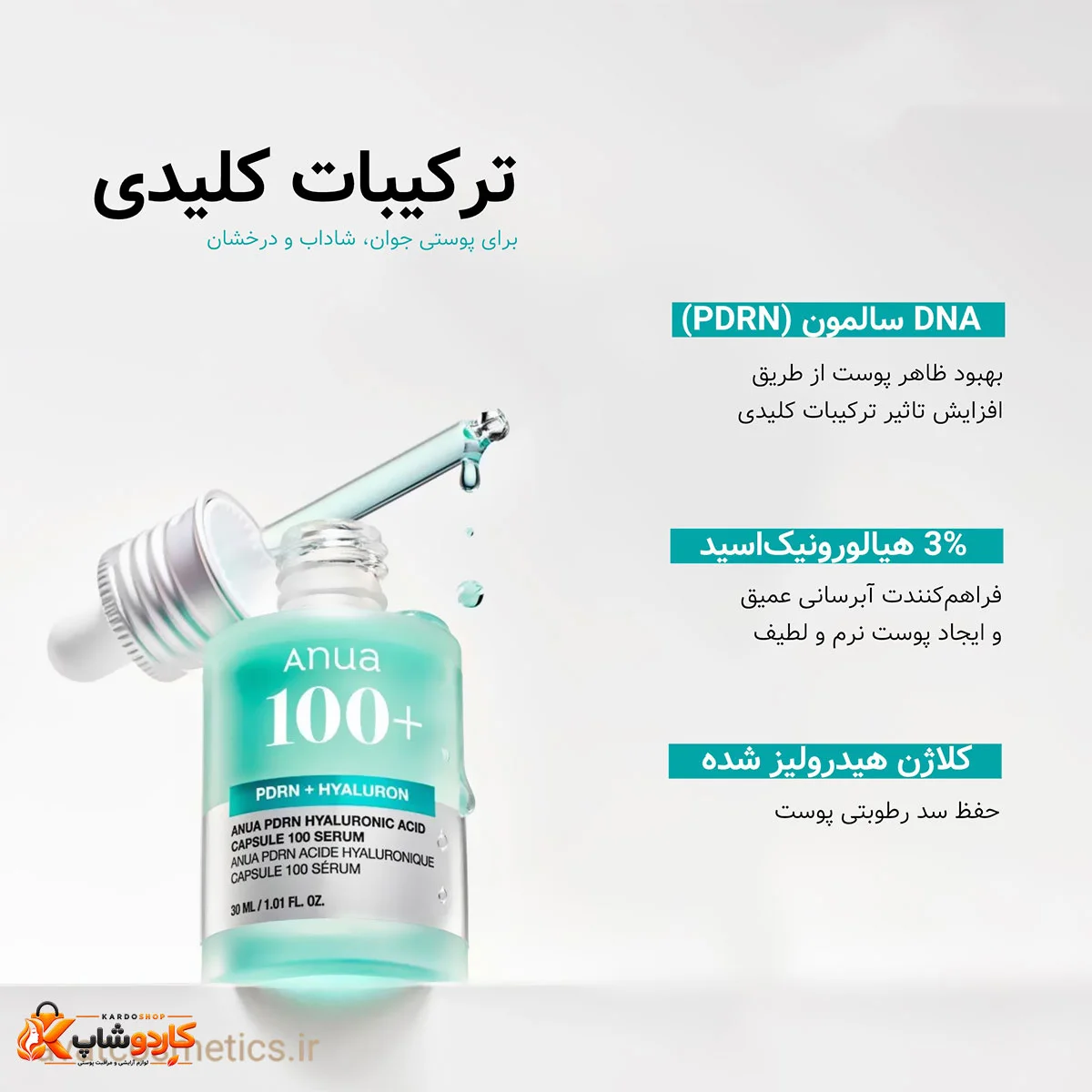 ویژگی های سرم آبرسان هیالورونیک اسید و PDRN آنوا مدل Capsule 100 حجم 30 میلی‌لیتر