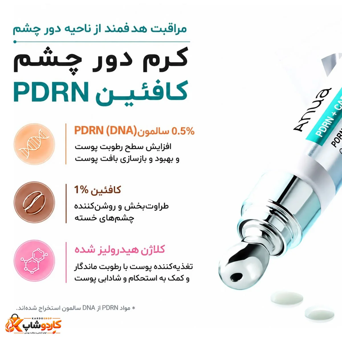 ویژگی های کرم دور چشم آنوا PDRN و کافئین مدل Rejuvenating حجم 20 میلی‌لیتر